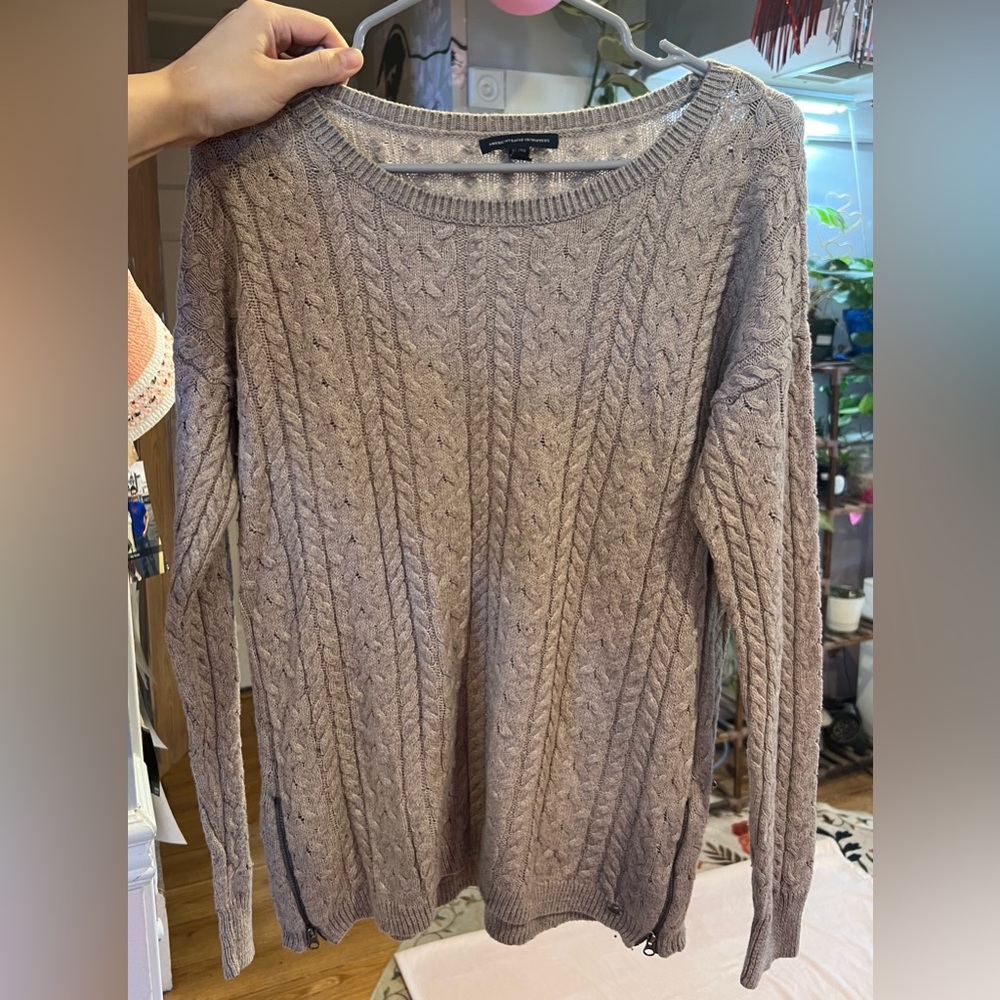 American Eagle Women’s Cable Knit Sweater XL Beige Tan Crewneck Side Zip